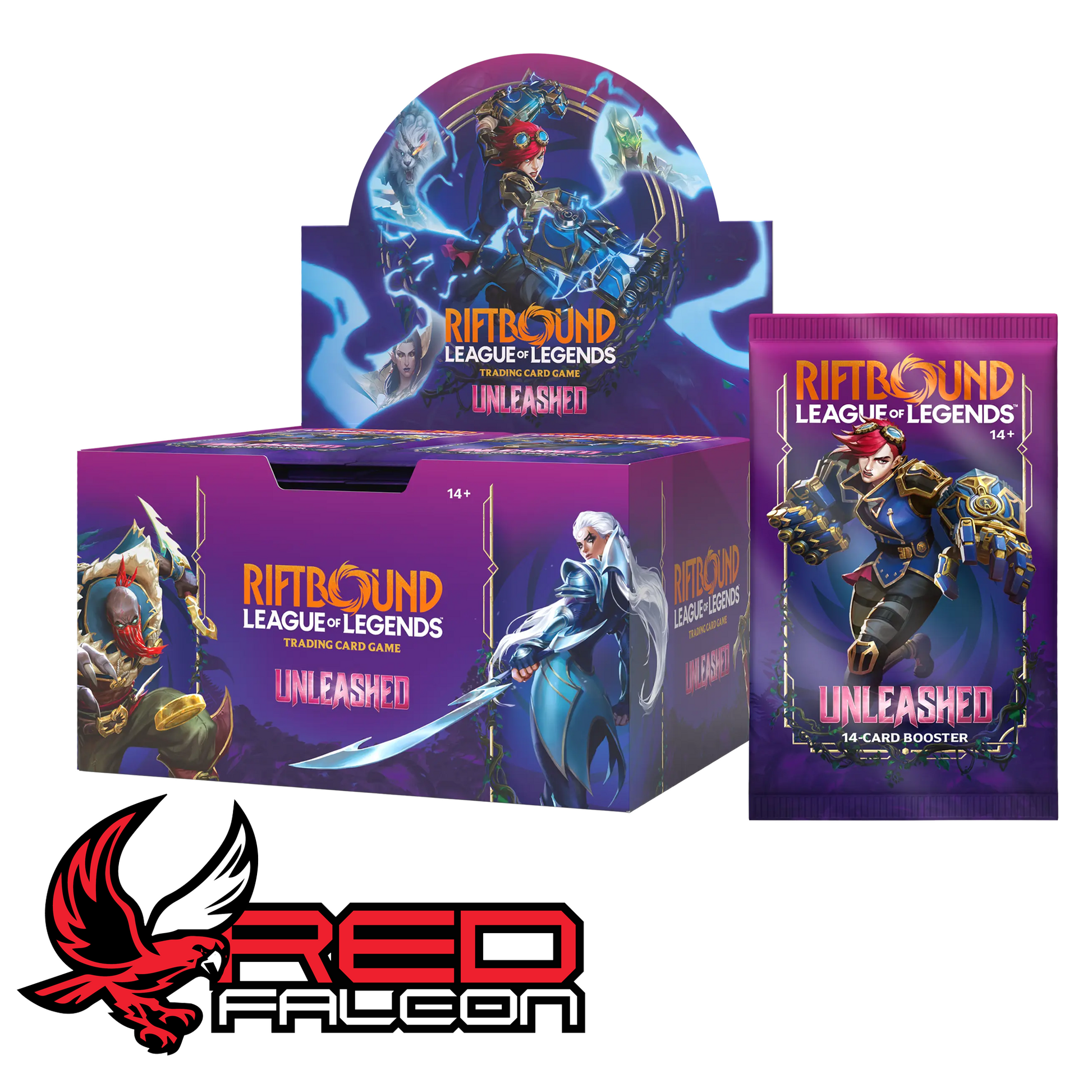 An individual Unleashed booster pack propped up against a sealed 24-count booster display box.