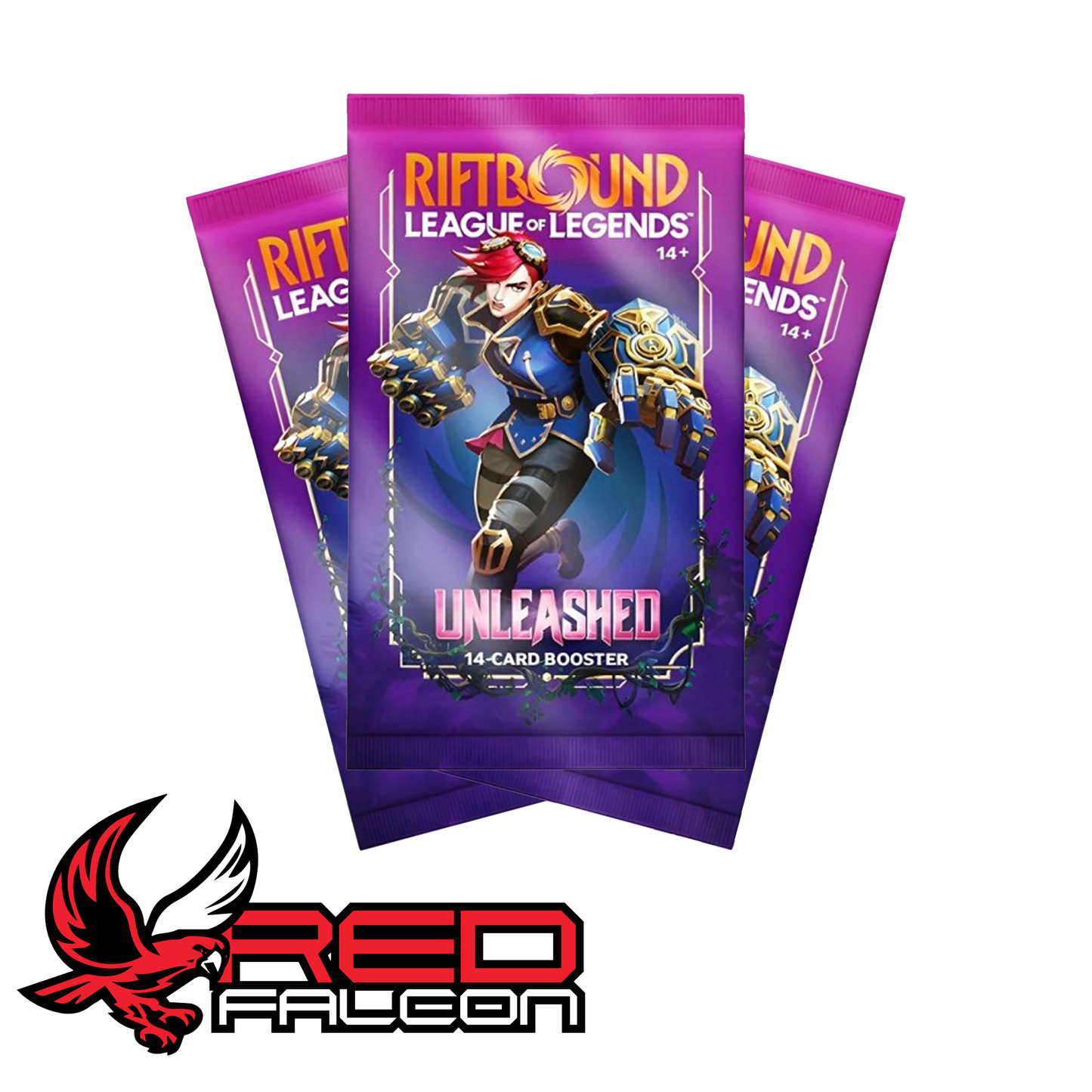 A fan-style spread of multiple Riftbound Unleashed booster packs showcasing the high-quality character illustrations.