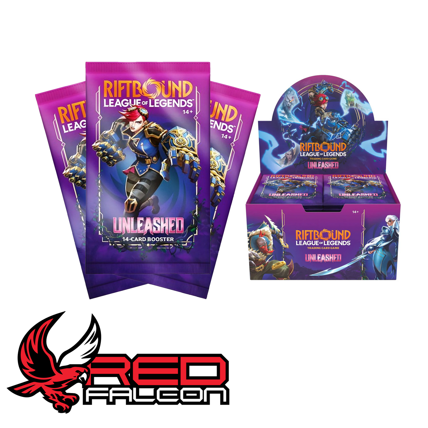 A factory-sealed Riftbound Unleashed booster box surrounded by several loose packs from the Set 03 expansion.