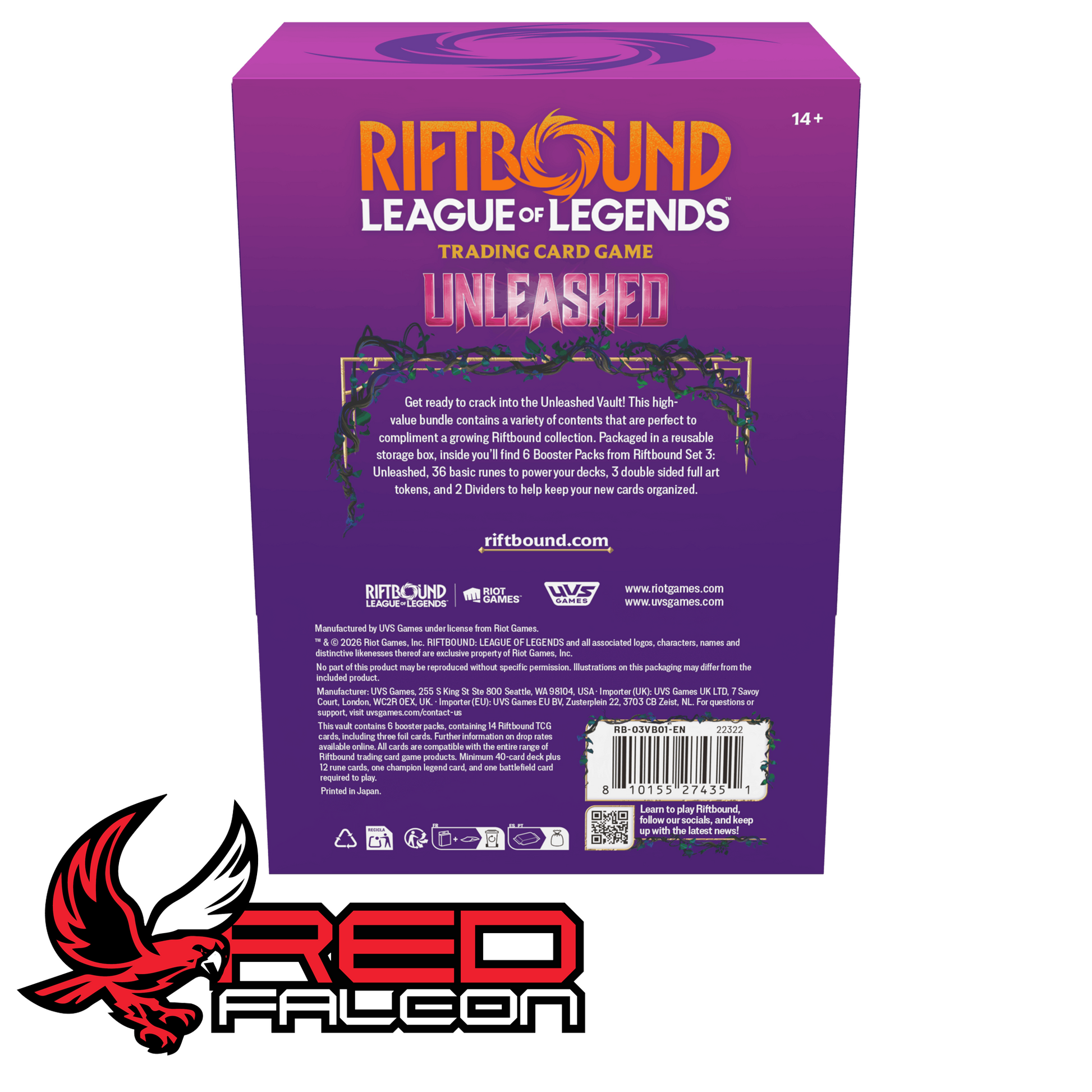 The reverse side of the Unleashed Vault box detailing the specific contents, including booster packs, the player's guide, and level-up trackers.