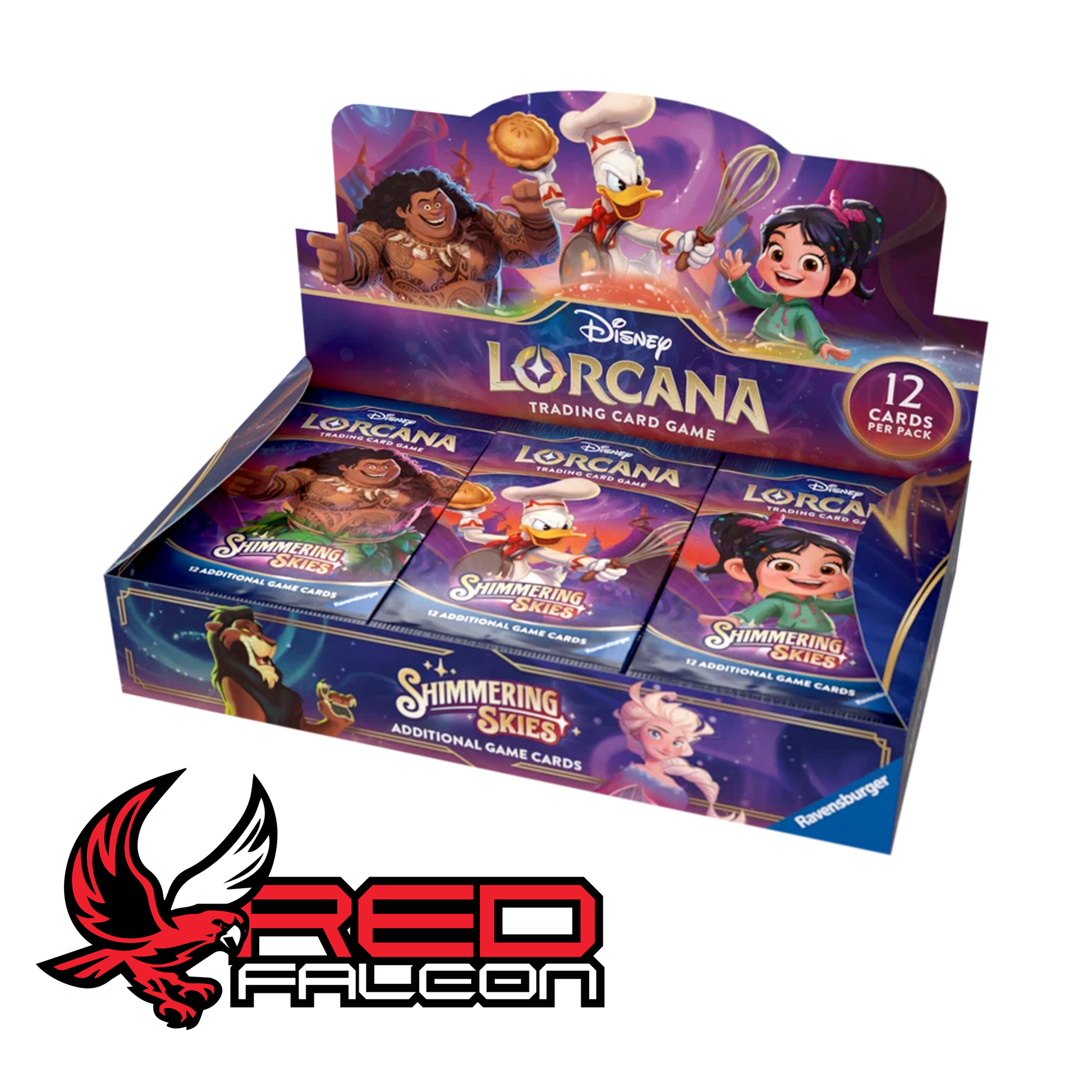 Disney Lorcana Shimmering Skies Booster Box display showing all 24 packs from Set 5.