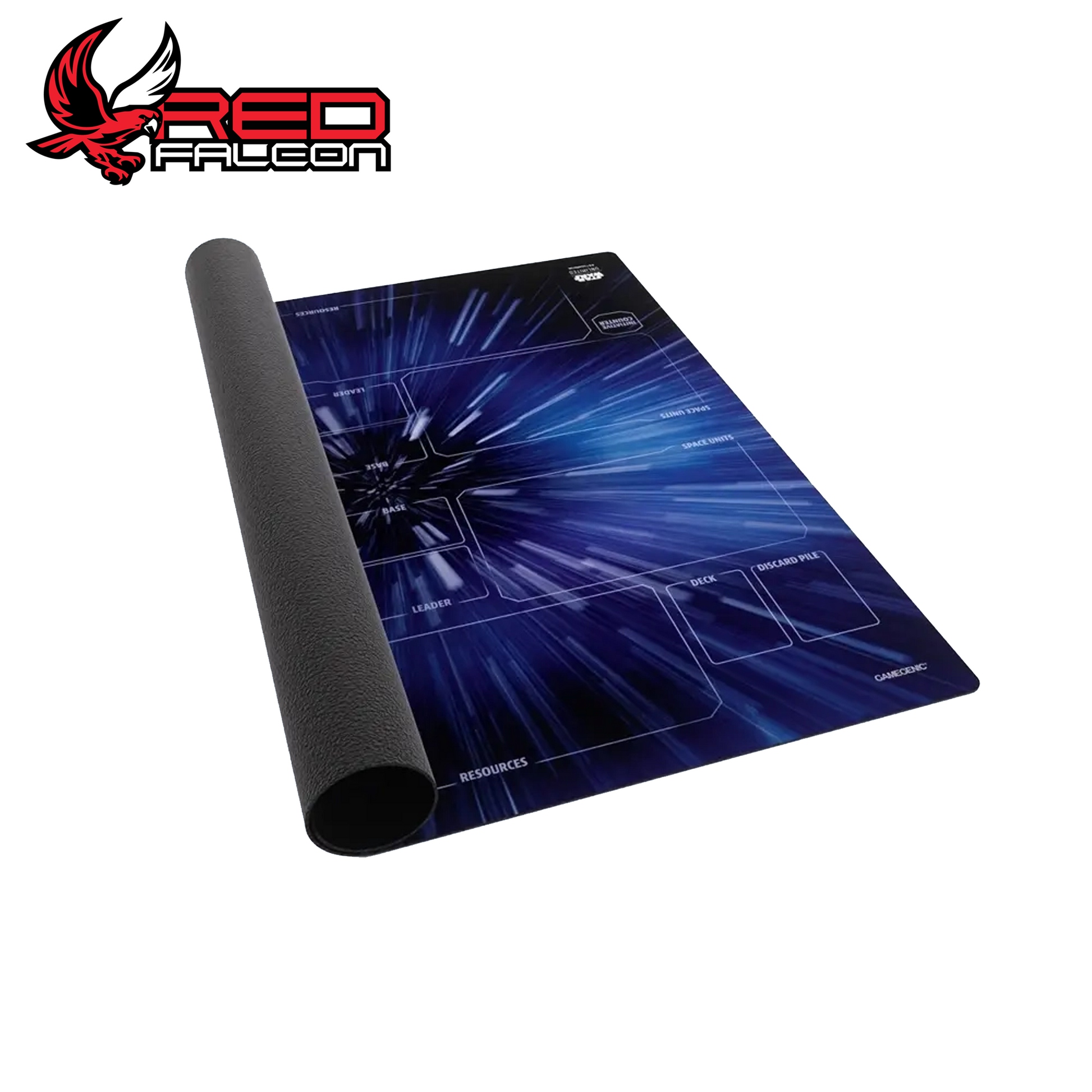 Star Wars: Unlimited Game Mat XL with Hyperspace design partially rolled up showing surface and underside