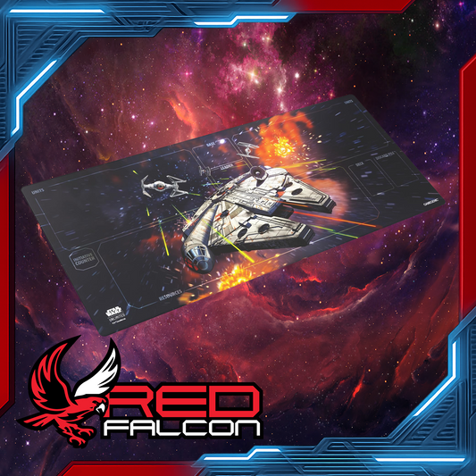 Star Wars: Unlimited Xtra-Wide Game Mat featuring Millennium Falcon design laid flat with card zones