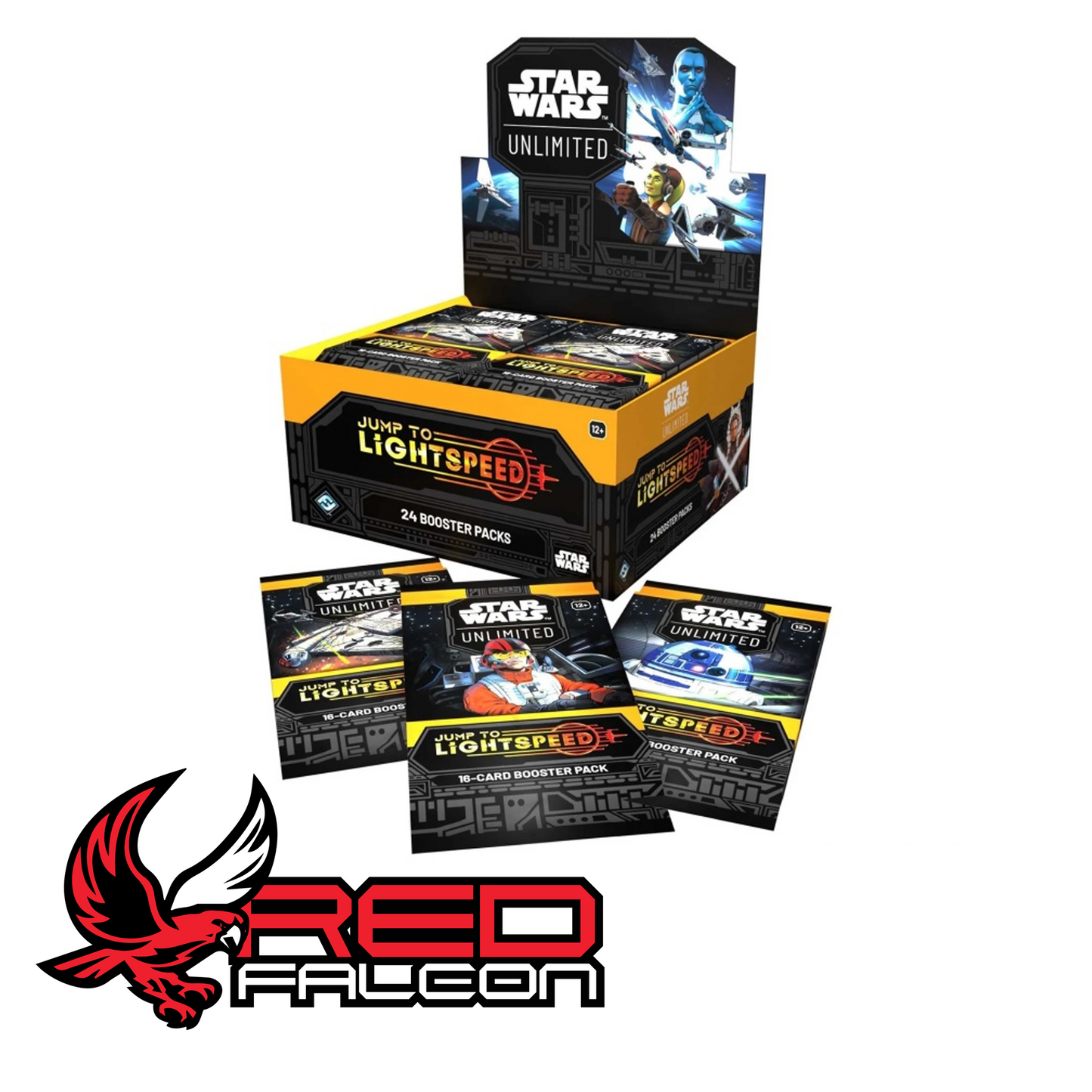 A Jump to Lightspeed booster box shown with the three pack art variations: Poe Dameron, the Millennium Falcon, and R2-D2.