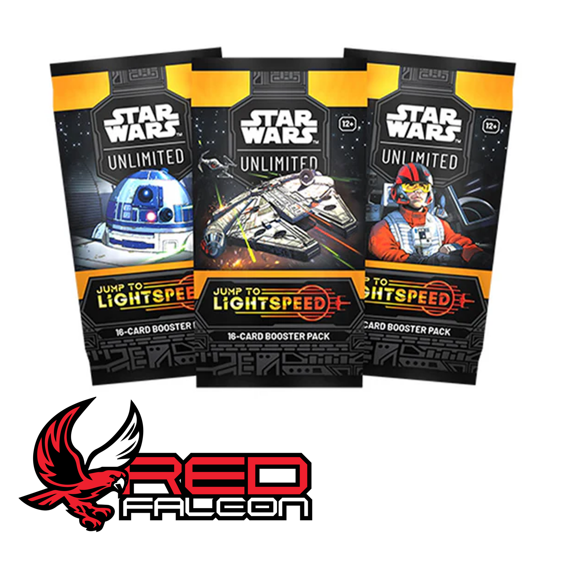 The three official booster pack art variations for Set 4: Poe Dameron, the Millennium Falcon, and R2-D2.