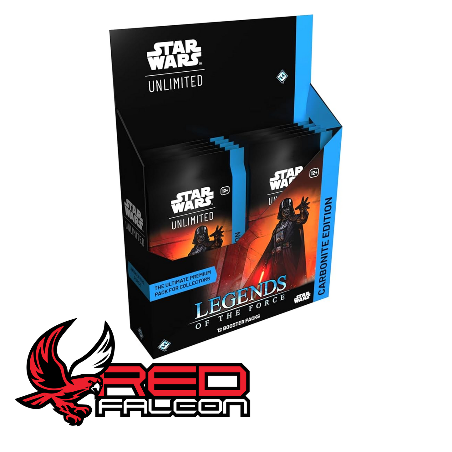 A factory-sealed Star Wars: Unlimited Legends of the Force Carbonite Edition booster box containing 12 premium packs.