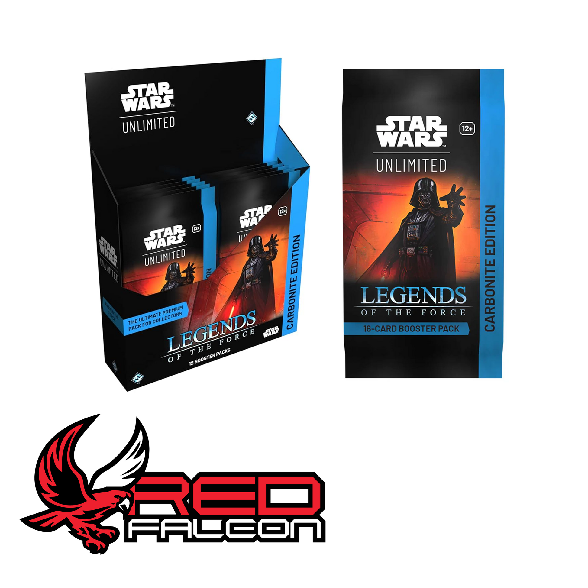 The Legends of the Force Carbonite Edition booster box displayed alongside an individual premium booster pack.