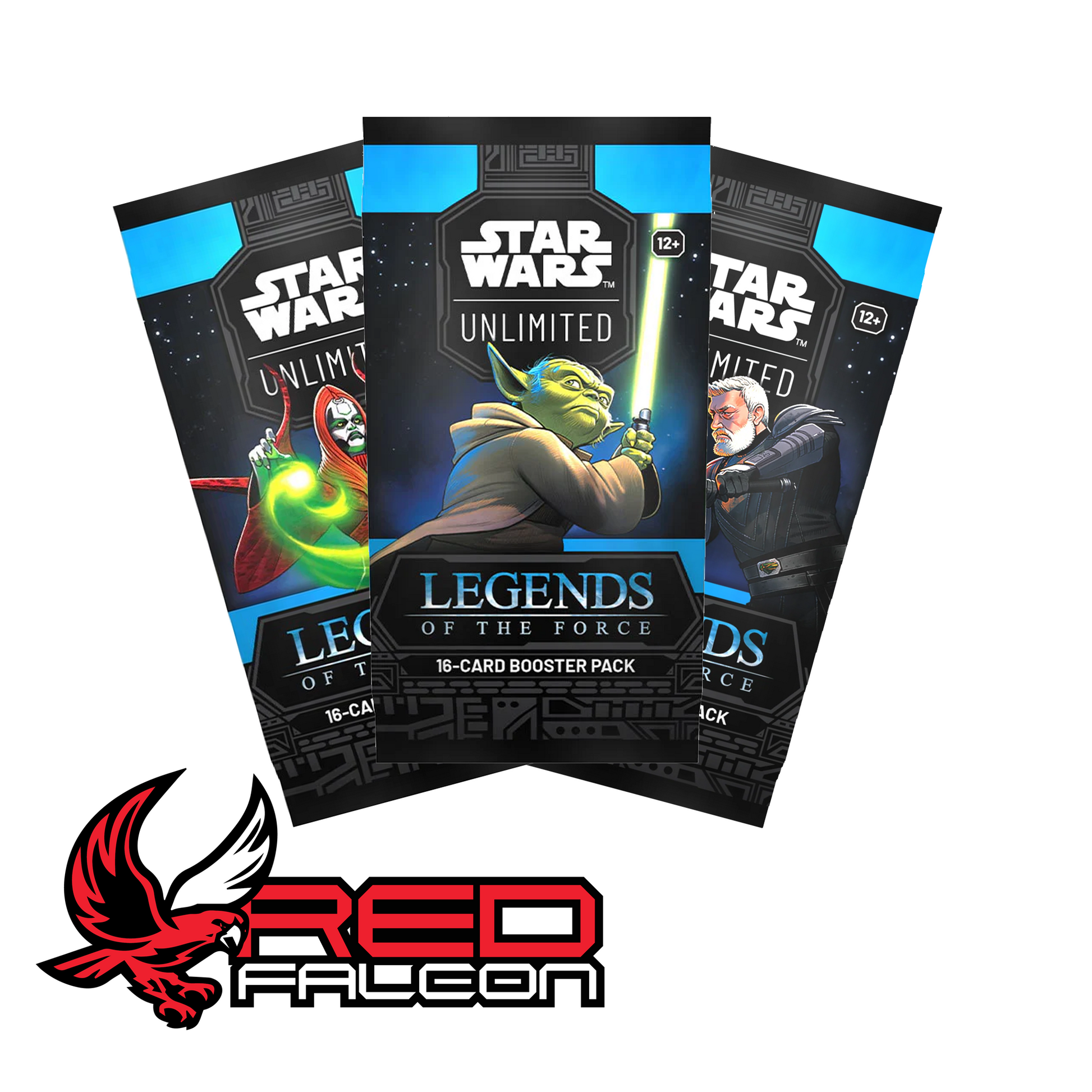 The three booster pack art variations for Legends of the Force featuring Yoda, Count Dooku, and Mother Talzin.