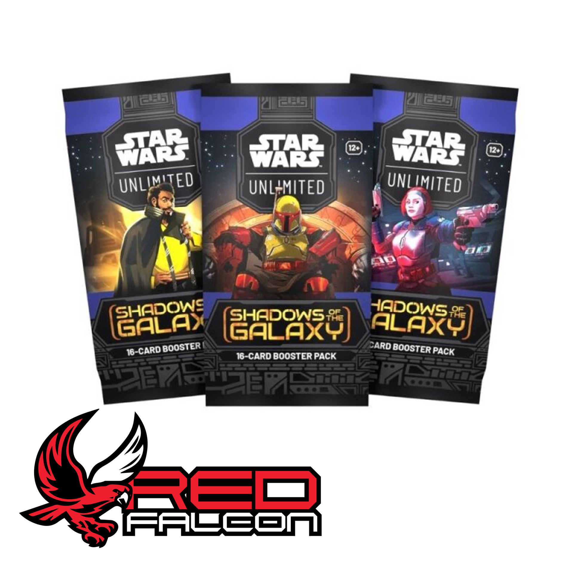 The three official booster pack art variations for Star Wars: Unlimited Set 2 featuring The Mandalorian, Bo-Katan Kyrze, and Lando Calrissian.