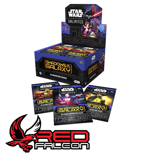 A Shadows of the Galaxy booster box displayed with the three official pack art variants: The Mandalorian, Bo-Katan Kyrze, and Lando Calrissian.