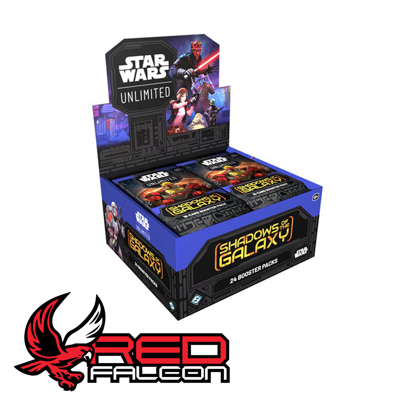The official retail booster box for Star Wars: Unlimited Shadows of the Galaxy (Set 2) featuring The Mandalorian and Dark Trooper artwork.