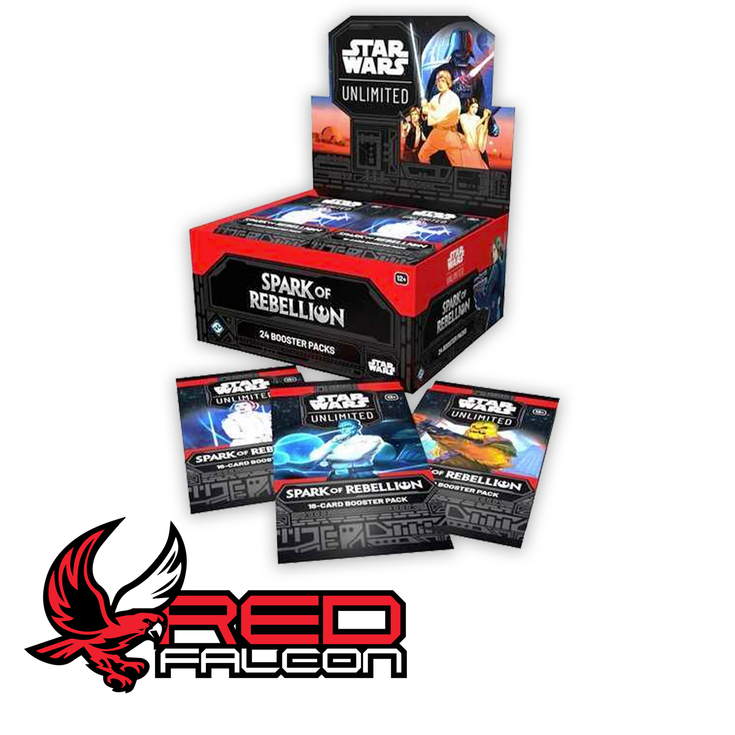 A Spark of Rebellion booster box displayed with the three official pack art variants: Leia Organa, Chewbacca, and Grand Admiral Thrawn.