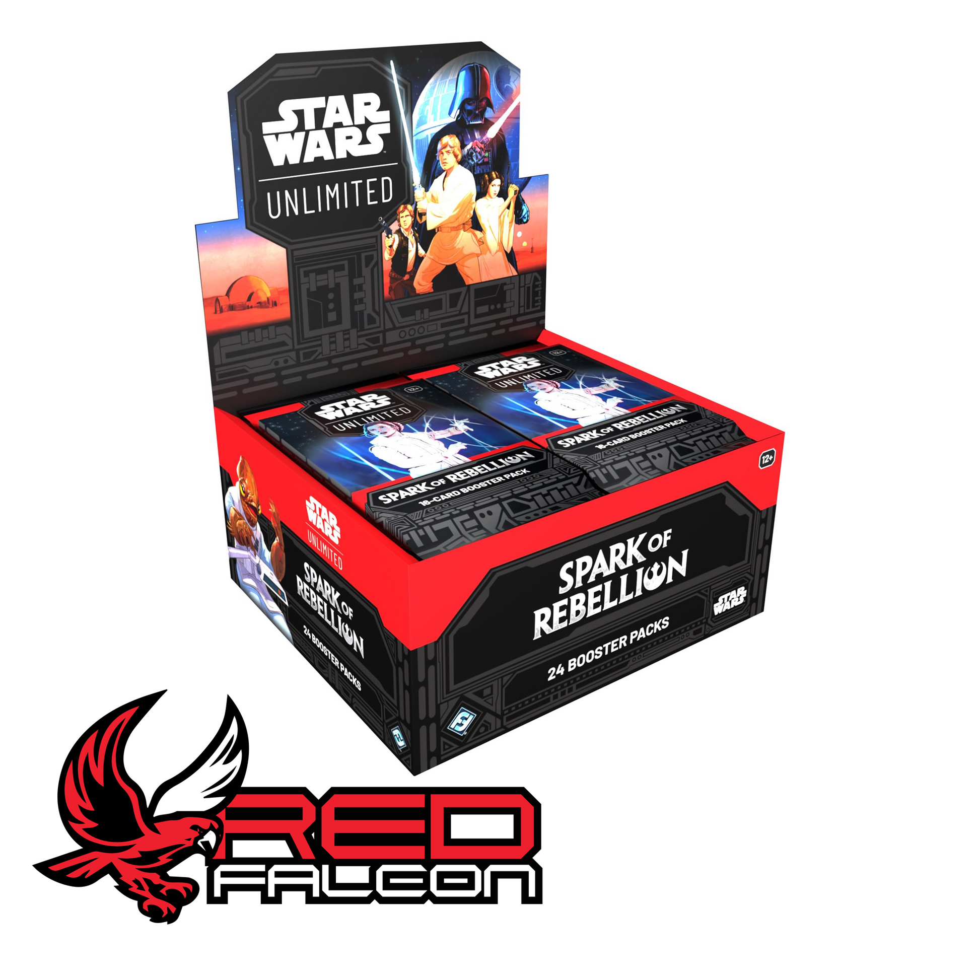 The official retail booster box for Star Wars: Unlimited Spark of Rebellion (Set 1) featuring Darth Vader and Luke Skywalker artwork.