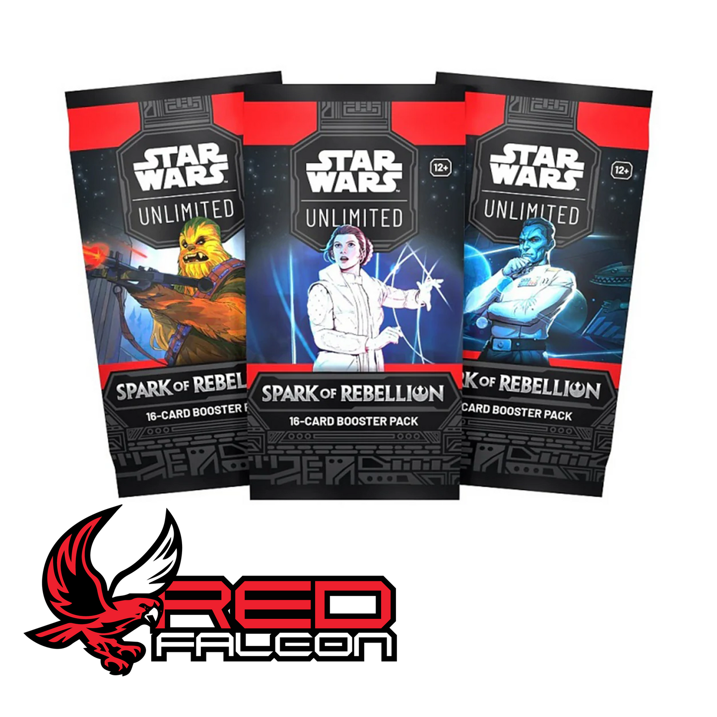 The three official booster pack art variations for Star Wars: Unlimited Set 1 featuring Leia Organa, Chewbacca, and Grand Admiral Thrawn.