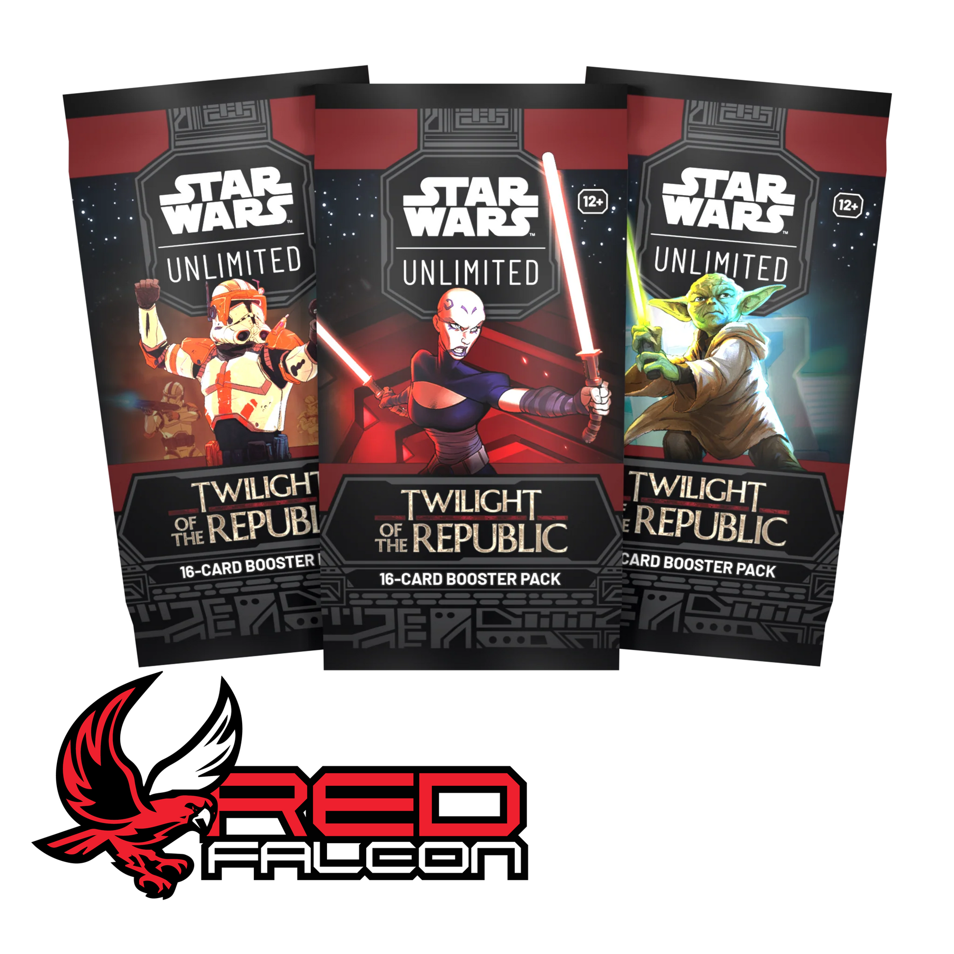The three official booster pack art variations for Star Wars: Unlimited Set 3: Yoda, Commander Cody, and Asajj Ventress.