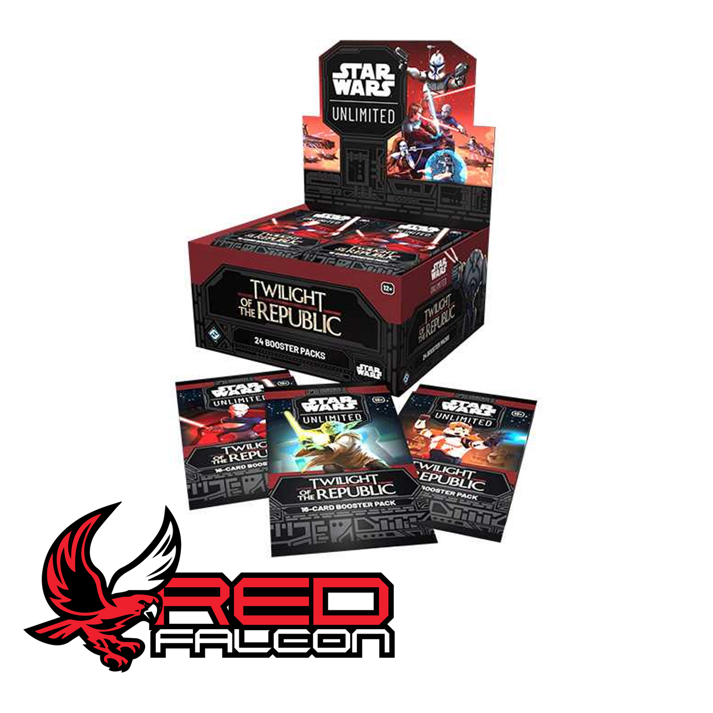 A Twilight of the Republic booster box shown with the three official pack art variations: Yoda, Commander Cody, and Asajj Ventress.