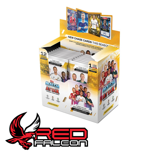 Official Topps Match Attax 2025/26 Booster Box containing 32 packets of football trading cards.