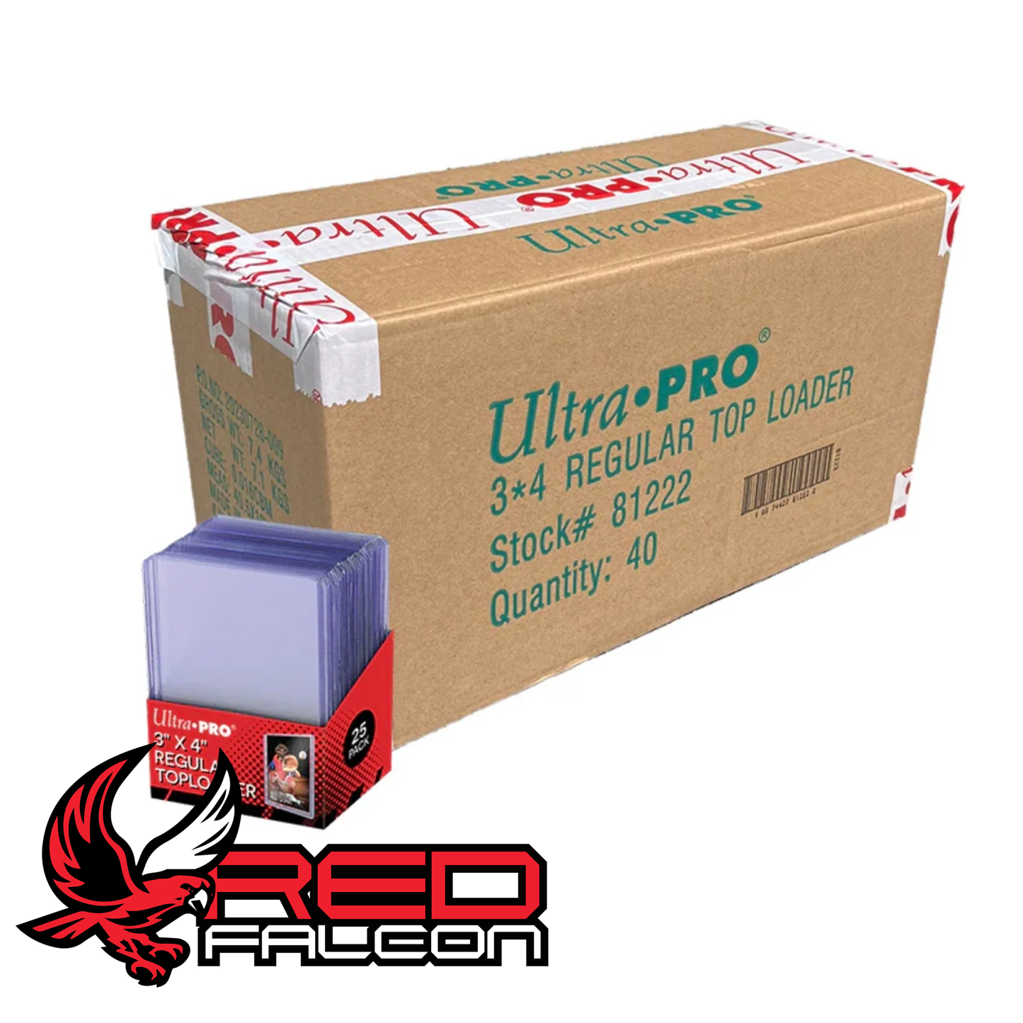 Ultra PRO 3x4 clear toploaders pack next to case of trading card protectors