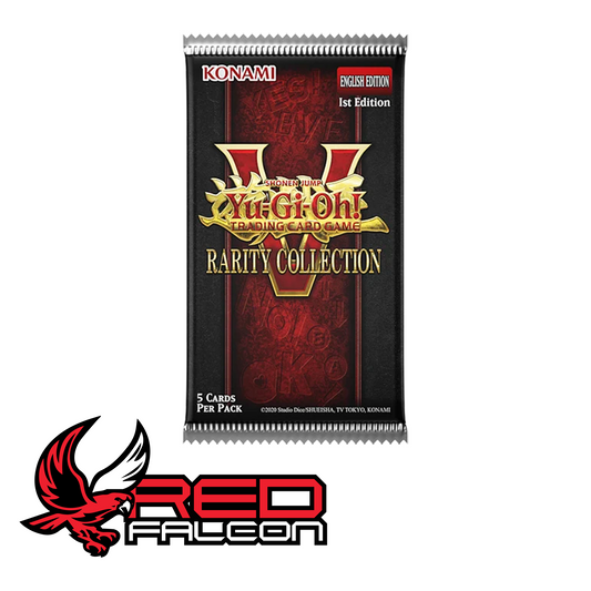 The front of an individual 5-card booster pack from the Yu-Gi-Oh! Rarity Collection V set.
