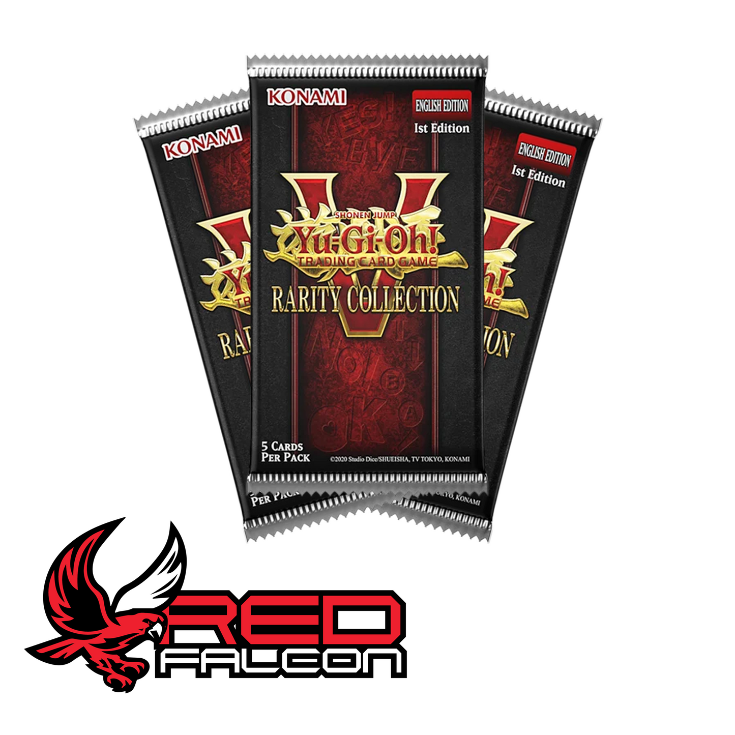 A group of several Yu-Gi-Oh! Rarity Collection V booster packs showing the set's premium foil packaging.