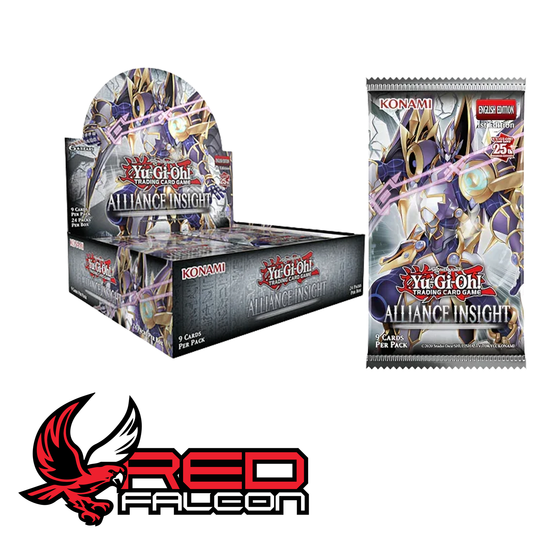 An Alliance Insight booster pack displayed in front of a factory-sealed 24-pack booster box.