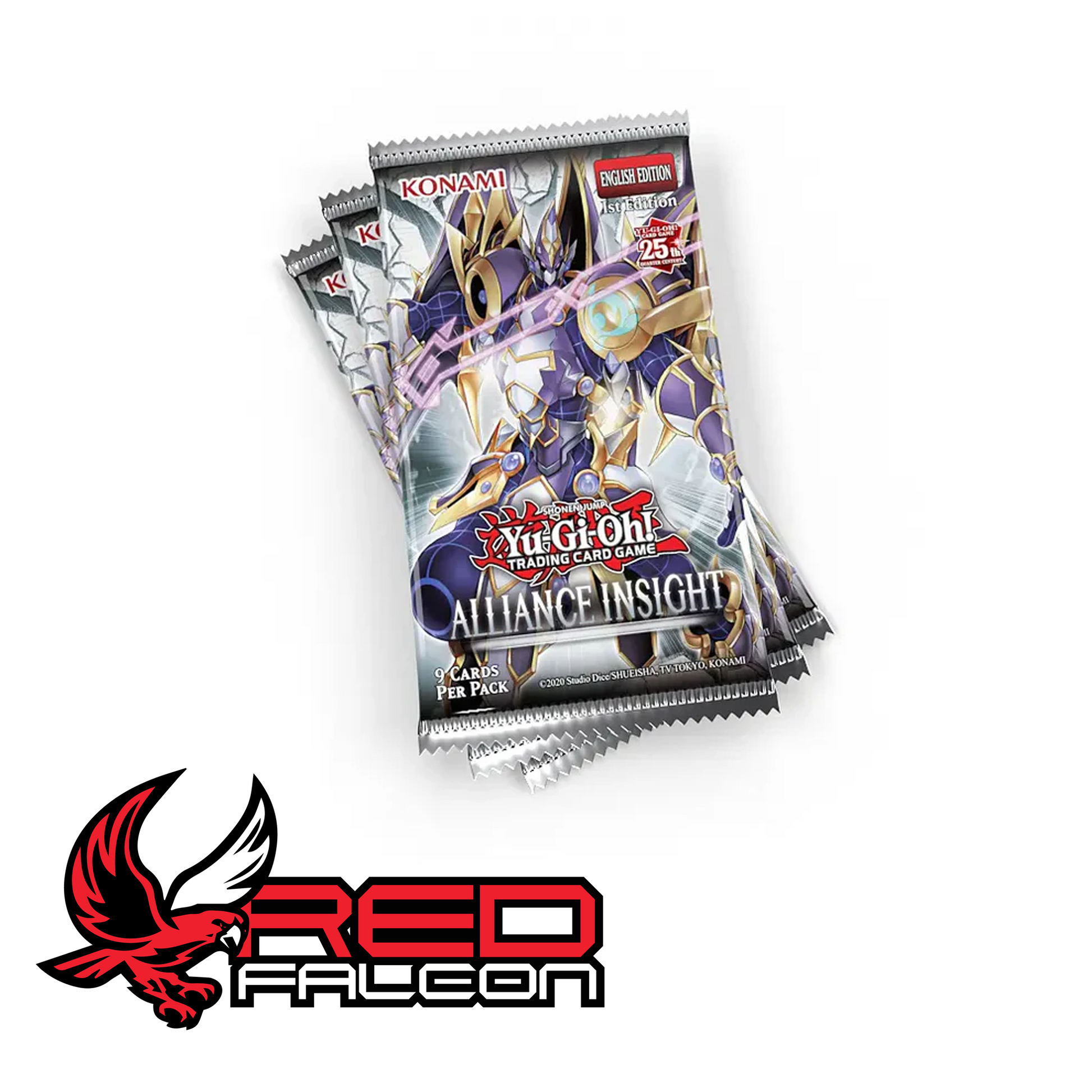A vertical stack of multiple Yu-Gi-Oh! Alliance Insight booster packs.