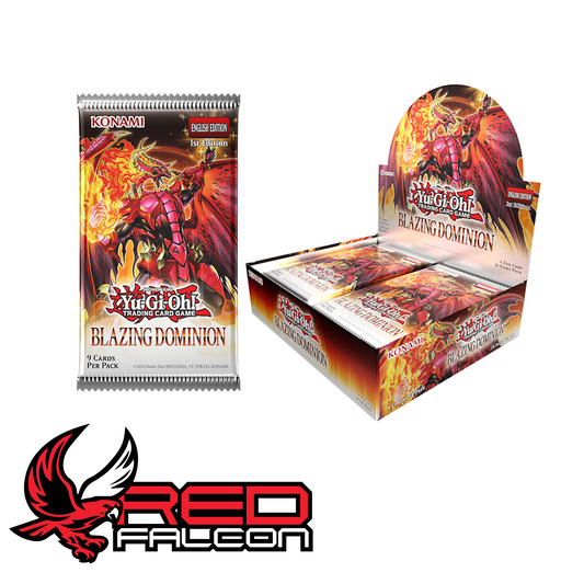 An individual Blazing Dominion booster pack propped up against a sealed 24-count display box.