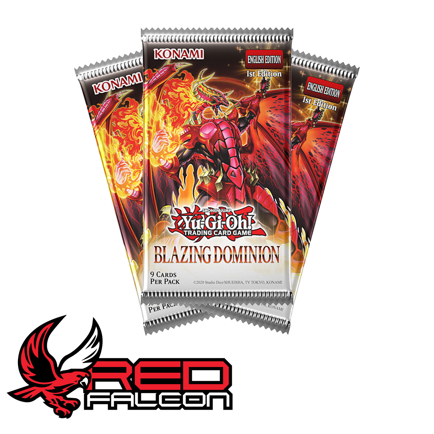 A fan-style spread of multiple Blazing Dominion booster packs showcasing the set's official branding