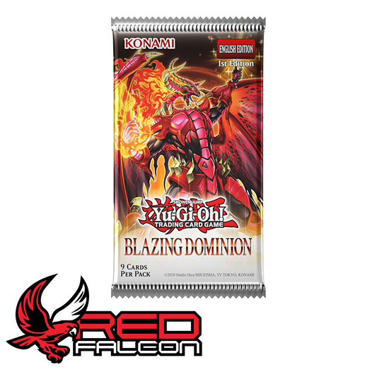 A single 9-card booster pack from the Yu-Gi-Oh! Blazing Dominion expansion featuring the Imperion Phoenix artwork.