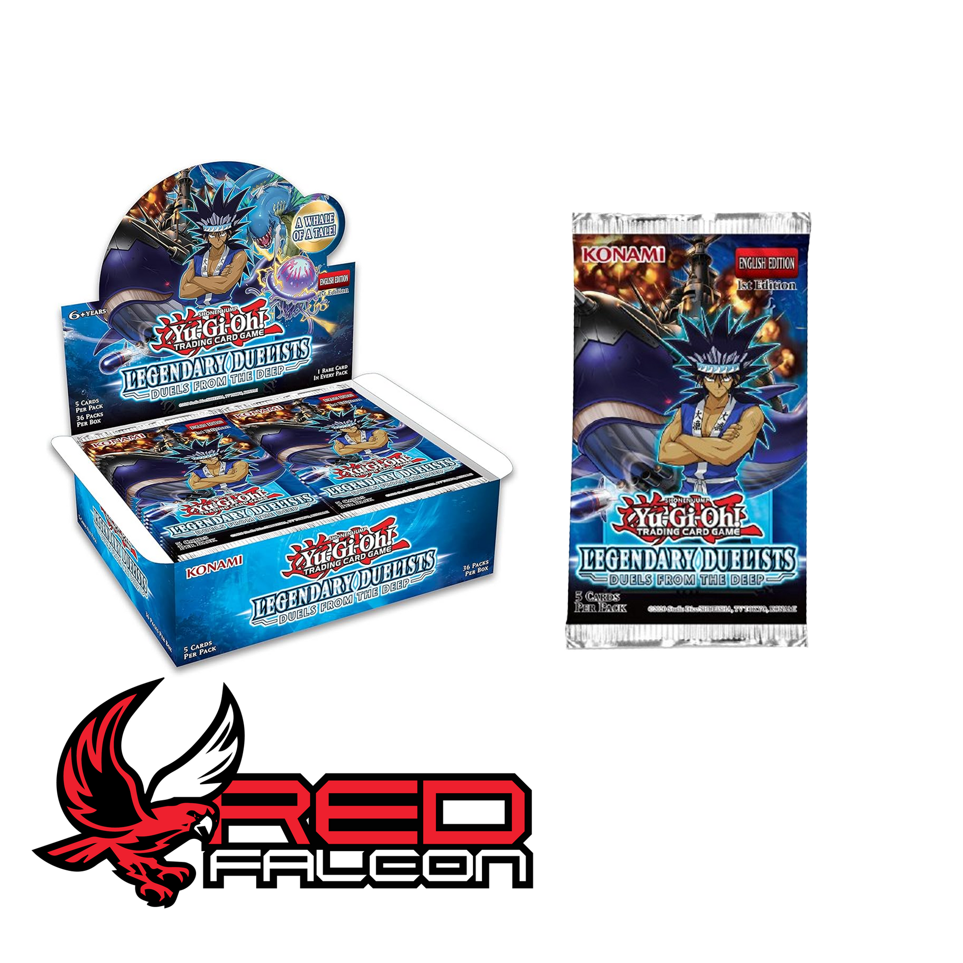 A single Duels from the Deep booster pack leaned against a full 36-count booster box.
