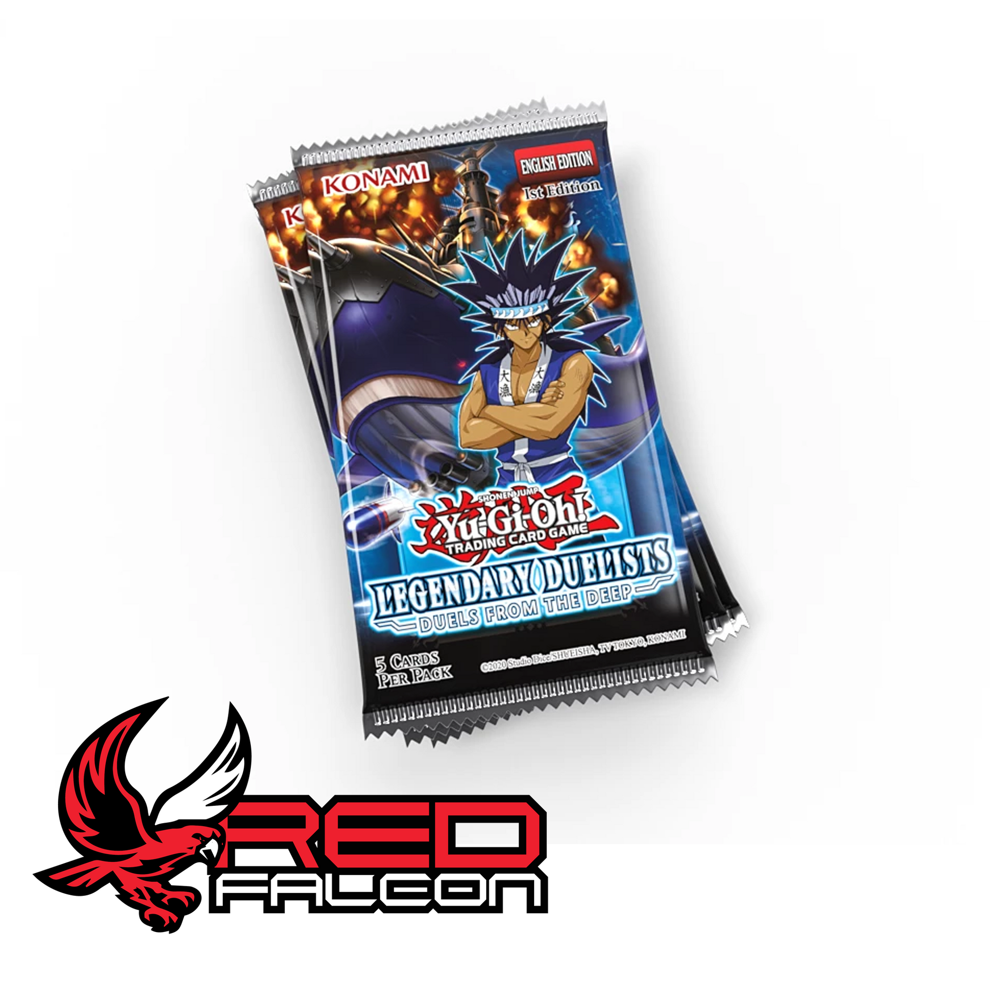 A vertical stack of several Yu-Gi-Oh! Duels from the Deep booster packs showing the Water-attribute themed packaging.