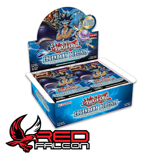 A display box of Yu-Gi-Oh! TCG Legendary Duelists: Duels from the Deep featuring Mako Tsunami and Shark artwork.