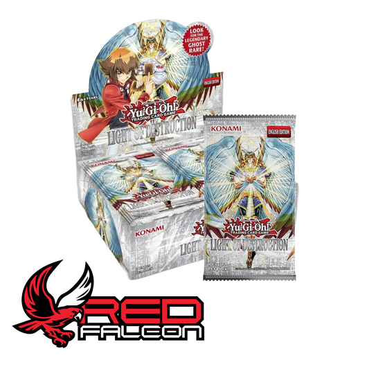 A Light of Destruction booster pack positioned in front of a factory-sealed 24-count booster box.