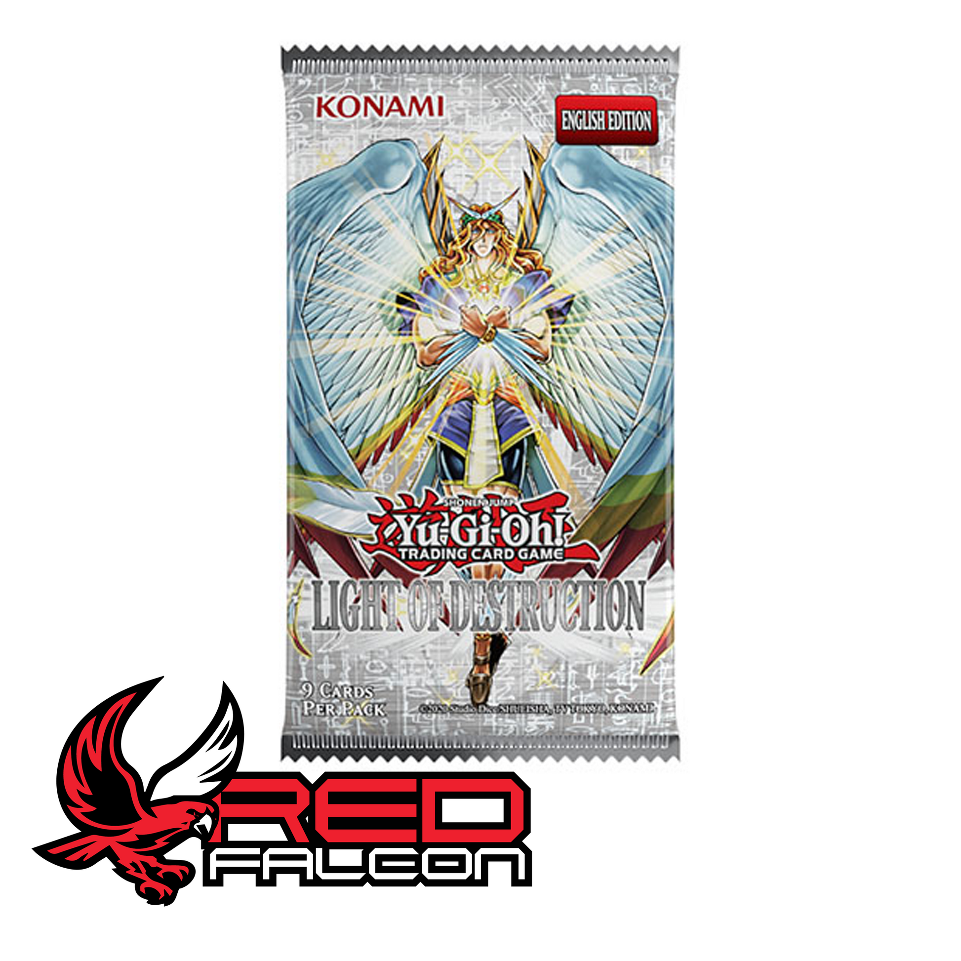 A single individual booster pack of Yu-Gi-Oh! Light of Destruction featuring the Arcana Force EX - The Light Ruler artwork.