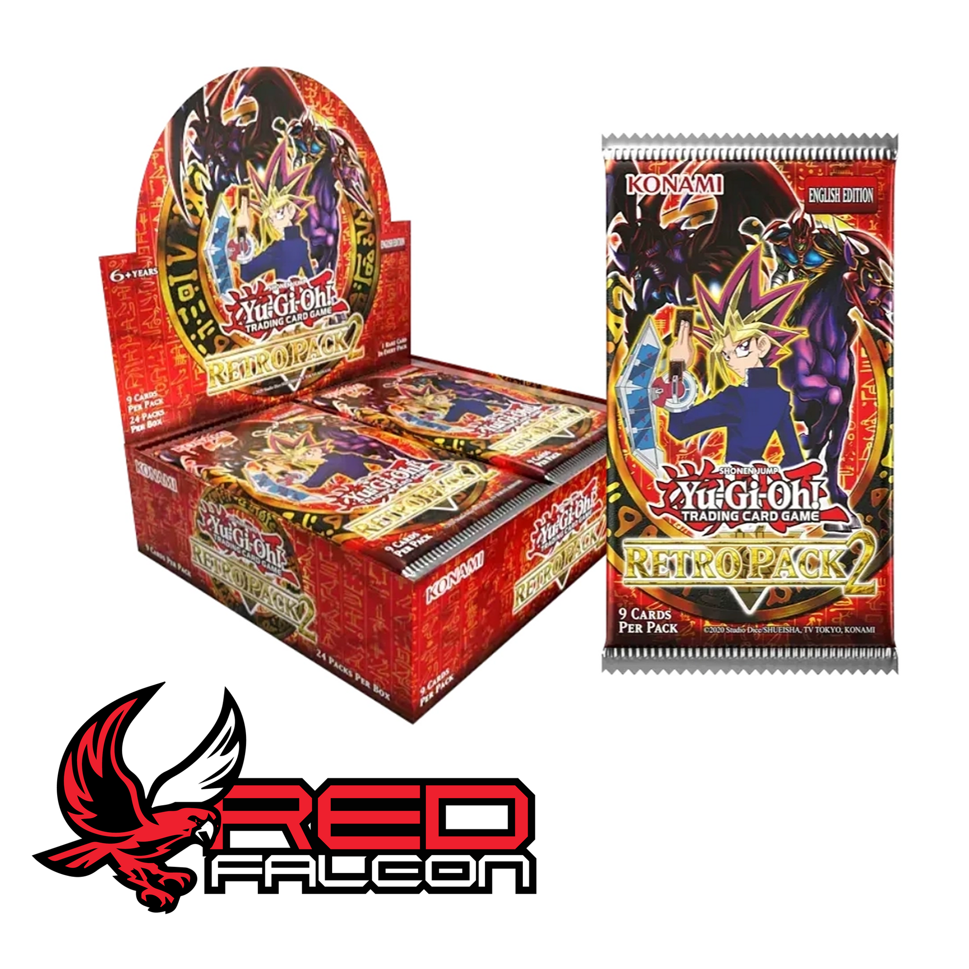 A Retro Pack 2 booster pack displayed alongside its corresponding factory-sealed booster box.